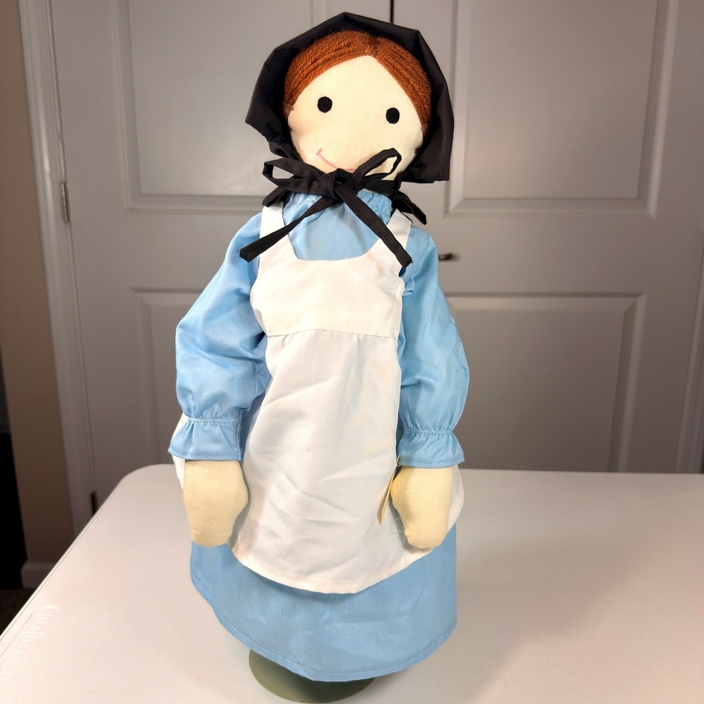 Vintage Handmade Cloth Rag Doll Prairie Pioneer Blue Dress Bonnet 20 Inch